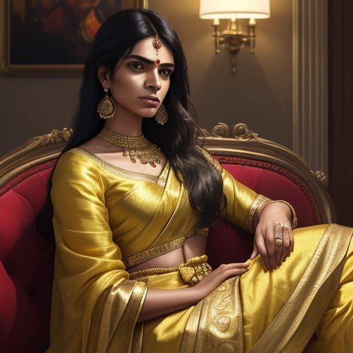 Indian Woman in Yellow Silk Outfit, Oil Painting