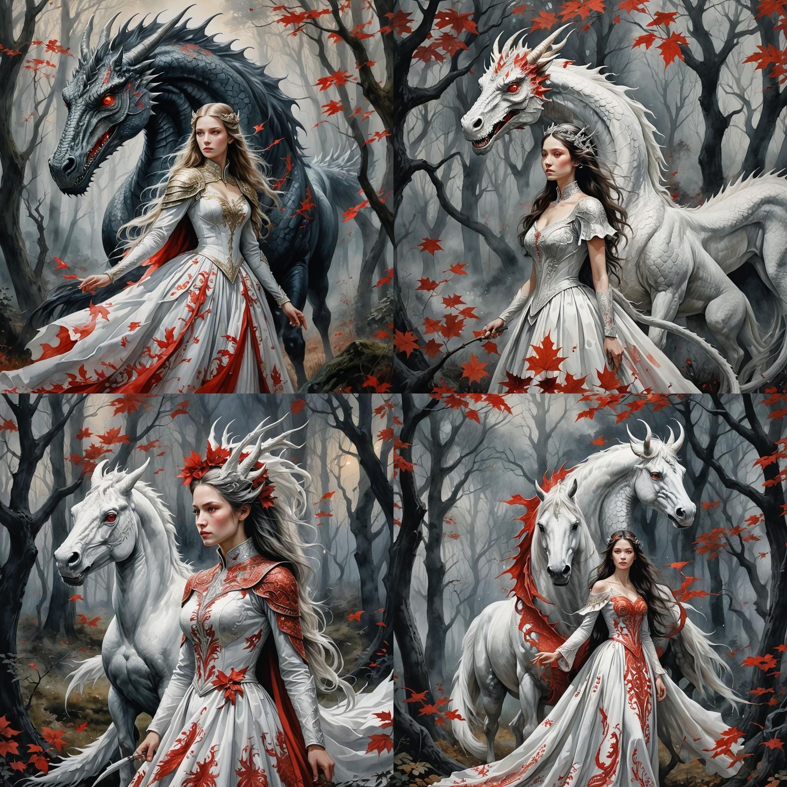 Woman on White Horse with Dragon in Forest
