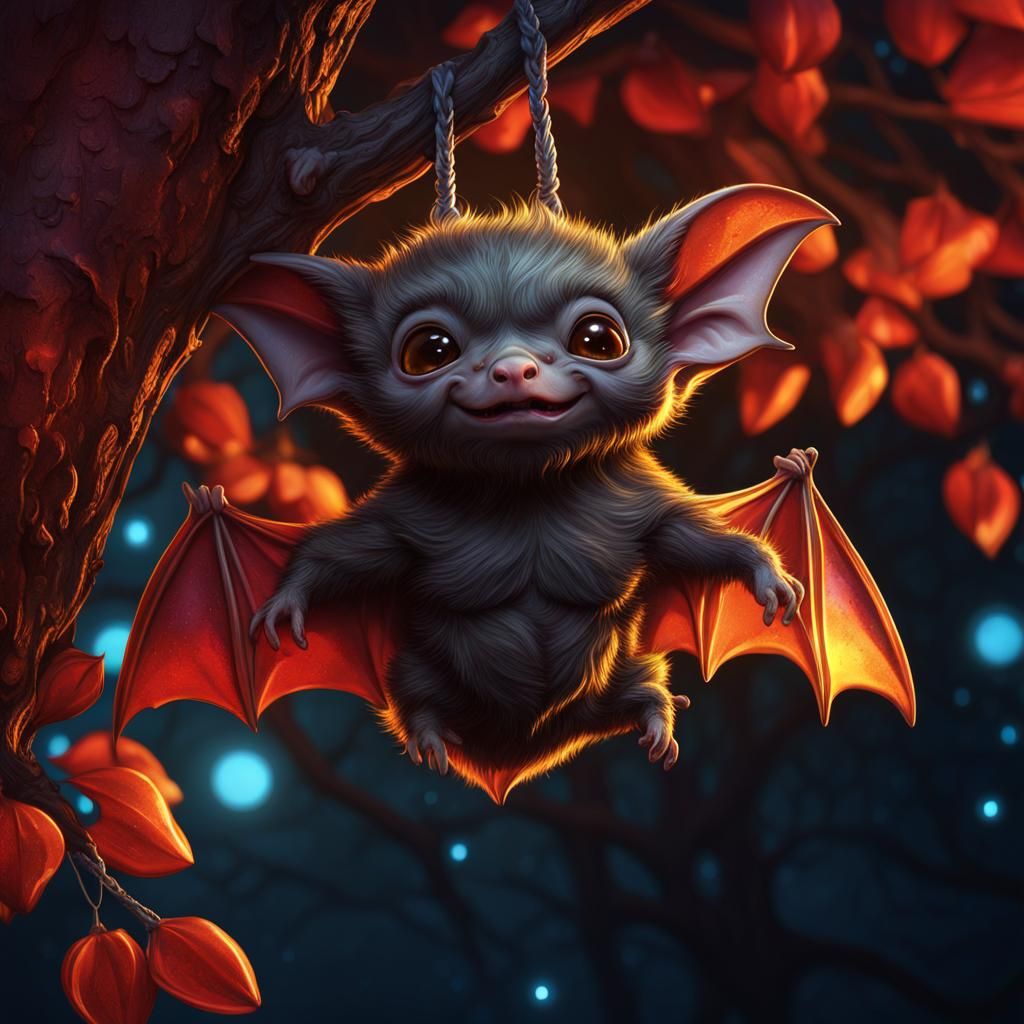 Chibi Vampire Bats in Galaxy Sky, Art Nouveau