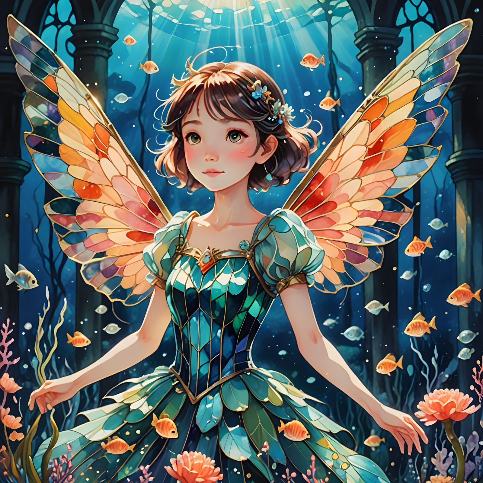 Underwater Fairy in a Stained Glass Watercolor