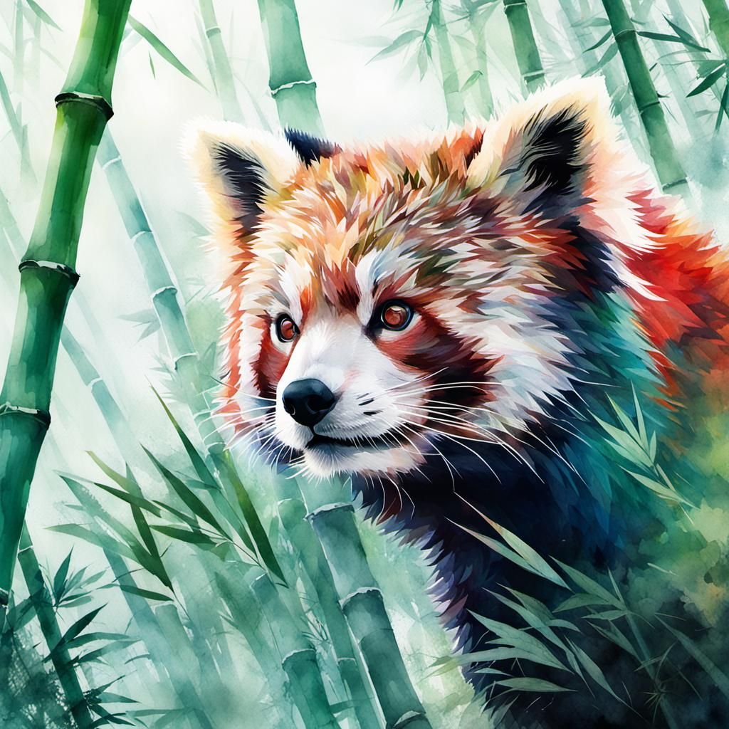 Red Panda Double Exposure Watercolor Art