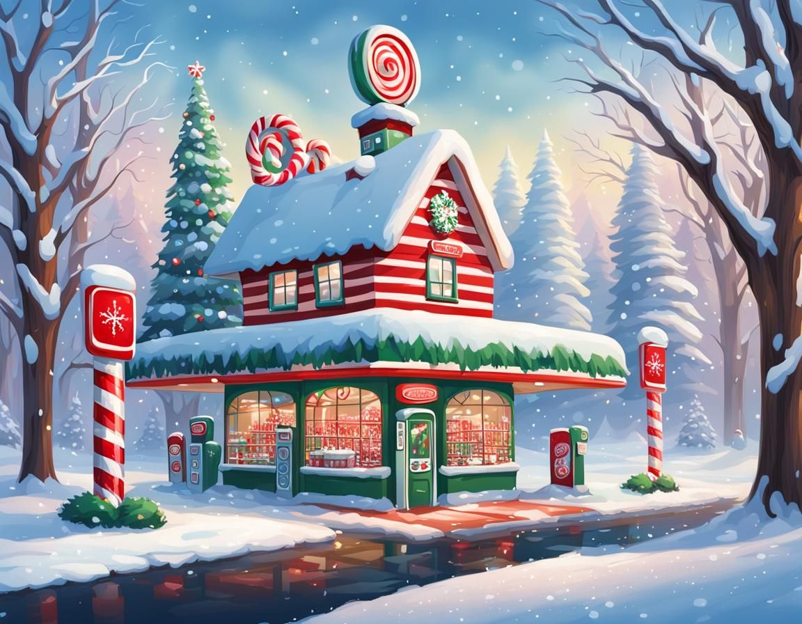 Snowy Filling Station with Candy Cane Trees