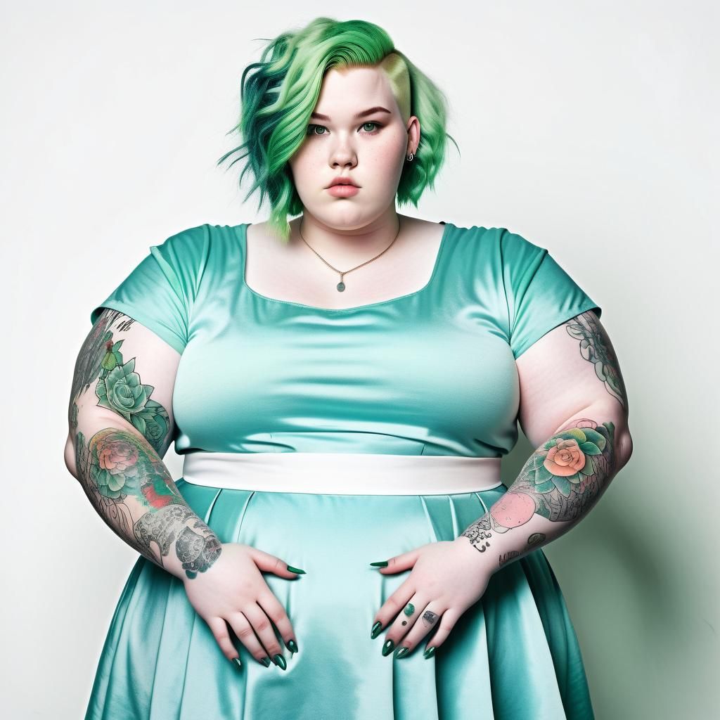 Curvaceous Woman with Green Hair and Tattooed Arm
