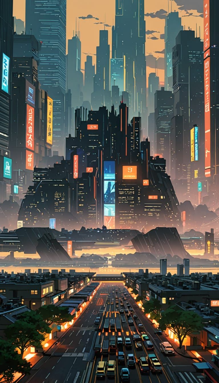 Breathtaking Cyberpunk Cityscape at Dusk