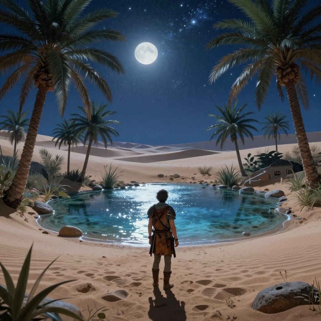 Fantasy Oasis Discovery Under Starry Night Sky