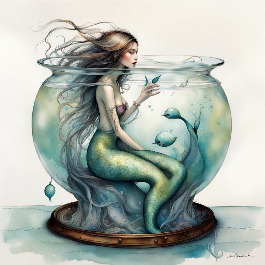 Mermaid in Glass Bowl, Fantasy Art