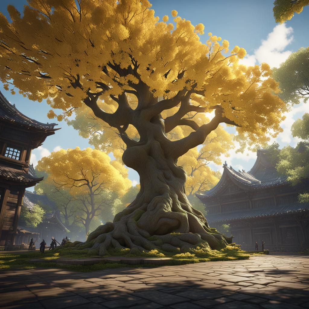 Epic Ginkgo Tree in 3D Game Cinematic Style