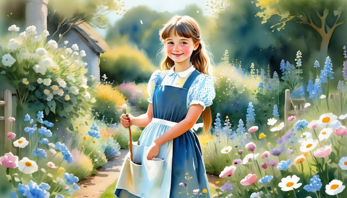 Whimsical Girl in Sunny Garden Watercolour Illustration