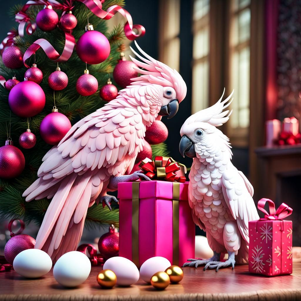 Cockatoos Exchanging Christmas Gifts in 3D Style