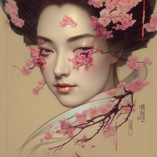 Geisha and Cherry Blossom Fusion in Art Nouveau Style