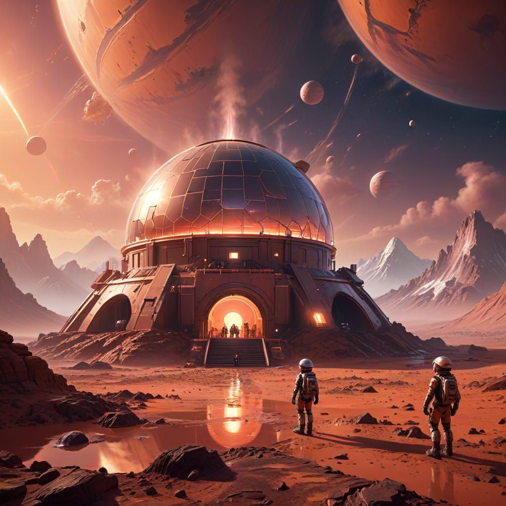 Children Play Futuristic Games Under Mars Dome, Ethereal Mis...