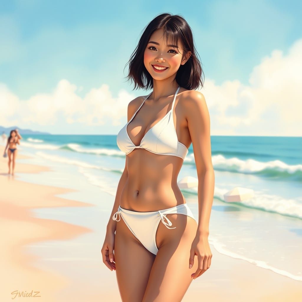 Young Woman on Sunny Beach in Watercolor Style