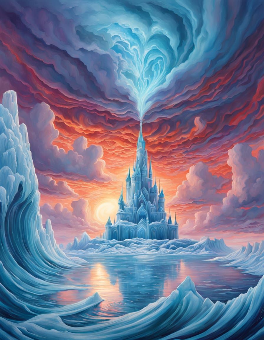 Ethereal Ice Castle Amidst Turbulent Snowstorm
