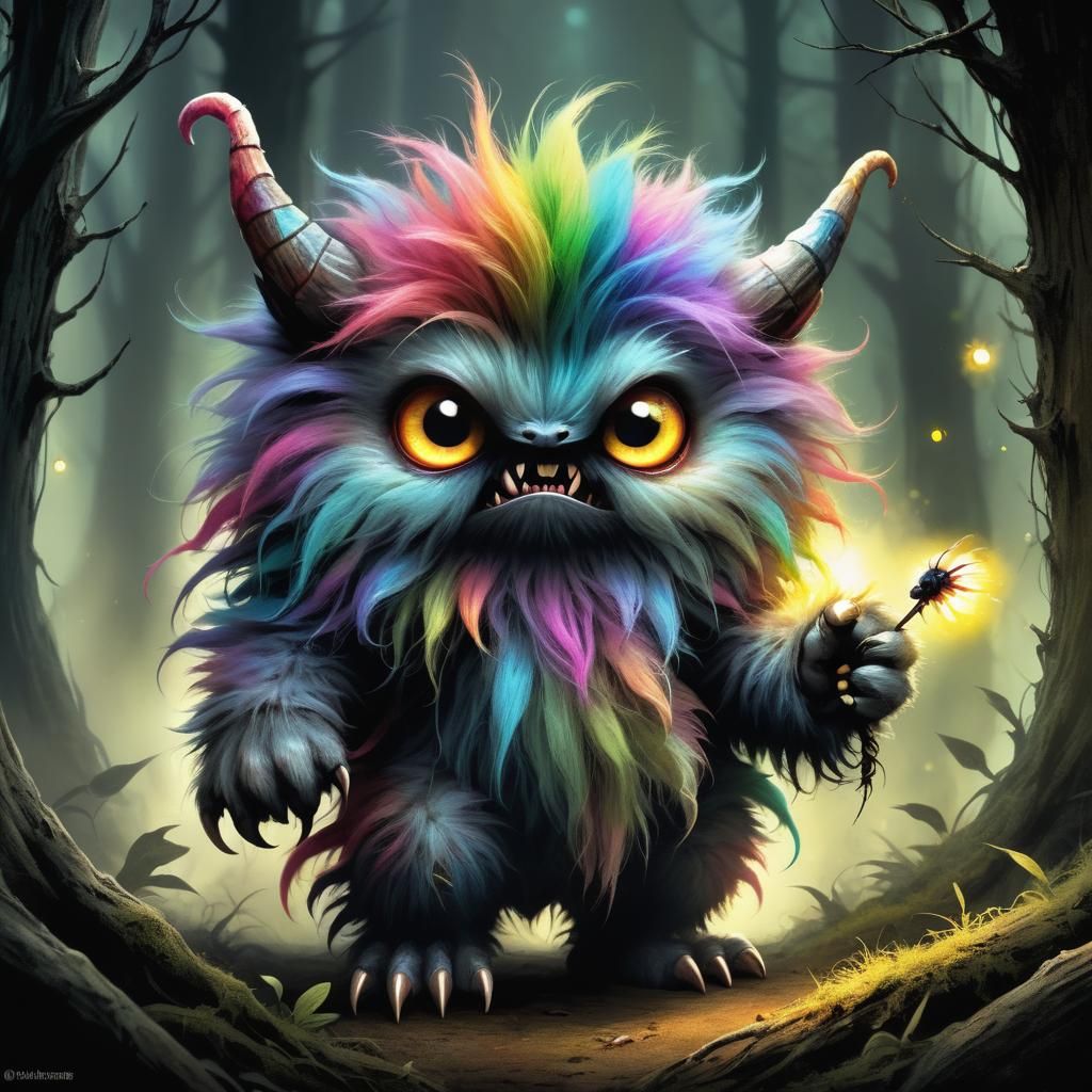 Cute Rainbow Monster in Fantasy Forest