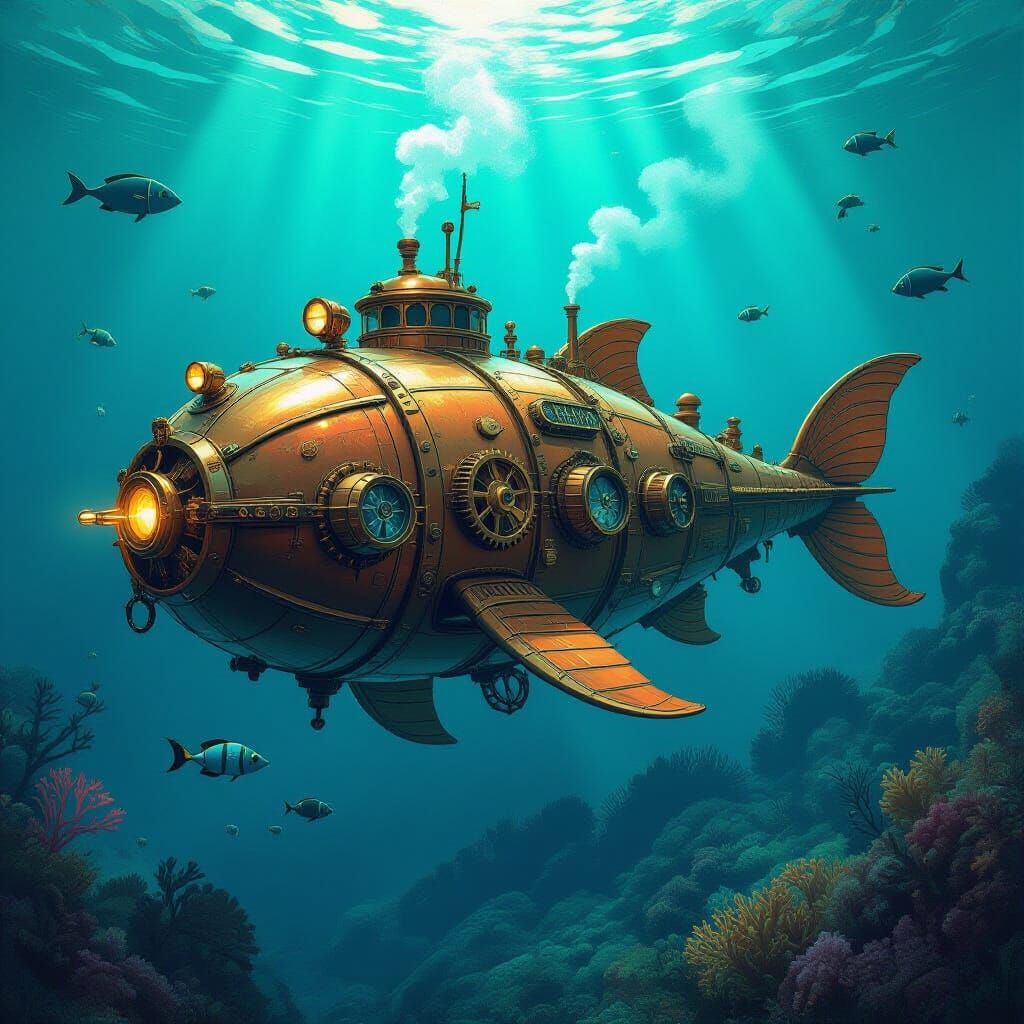 Steampunk Seahorse Submarine in Bioluminescent Kelp Forest