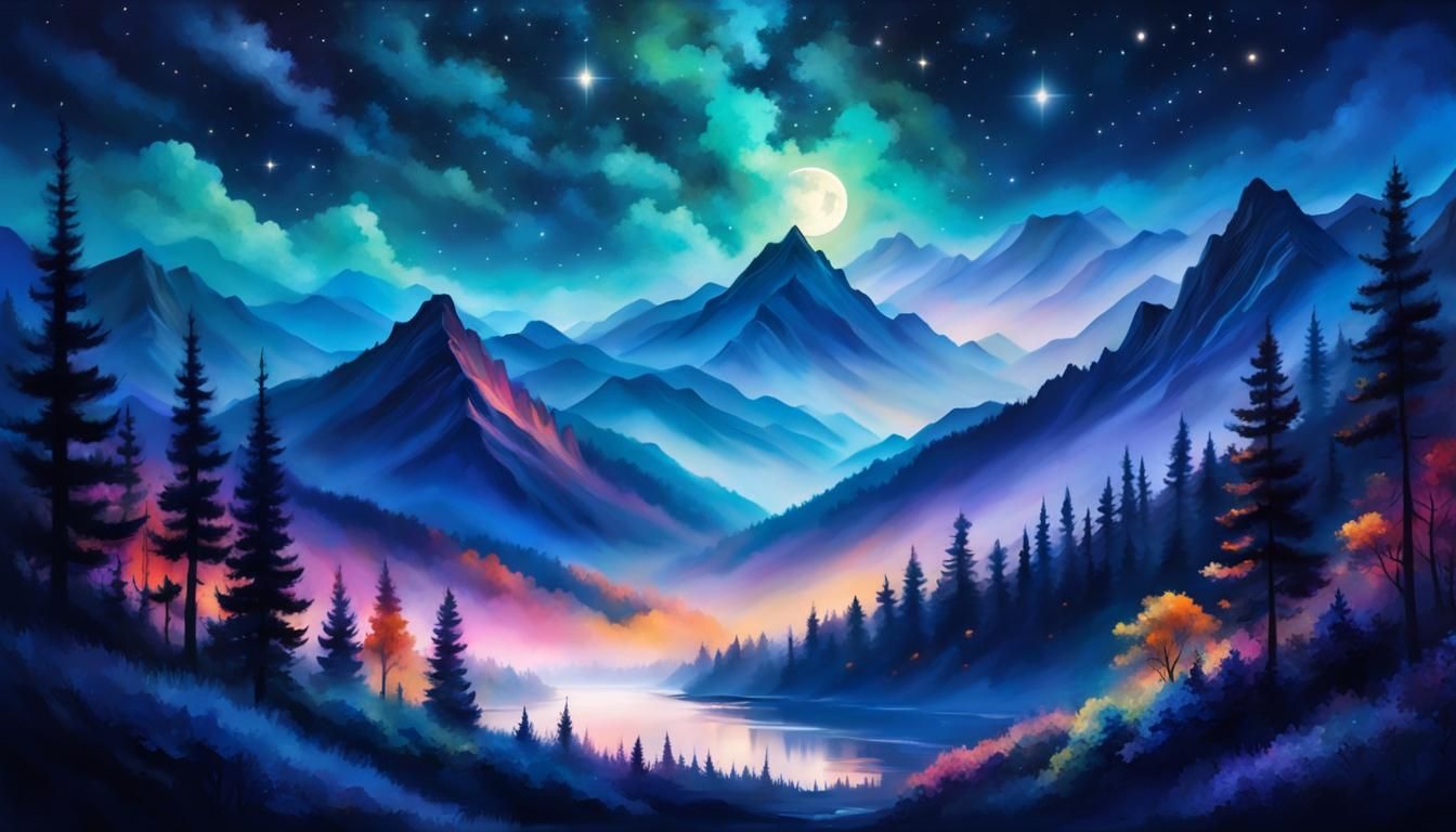 Starry Night Forest Landscape in Romantic Style