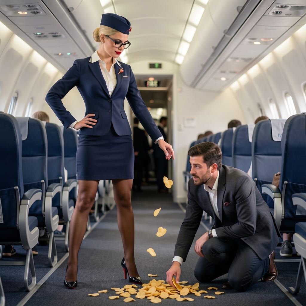 Air Hostess Drops Crisps on Colleague in Airliner Aisle