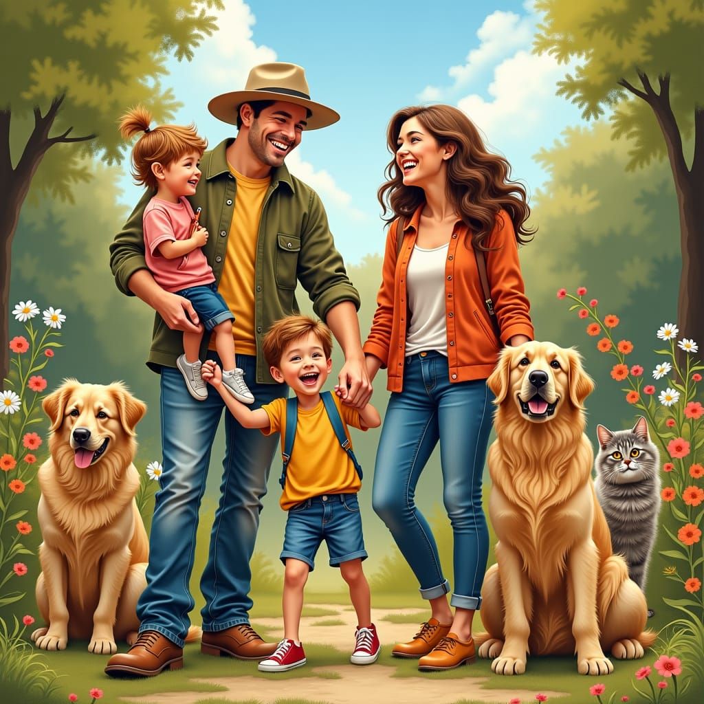 Joyful Family Scene in Rockwell, Hockney, and Chagall Styles