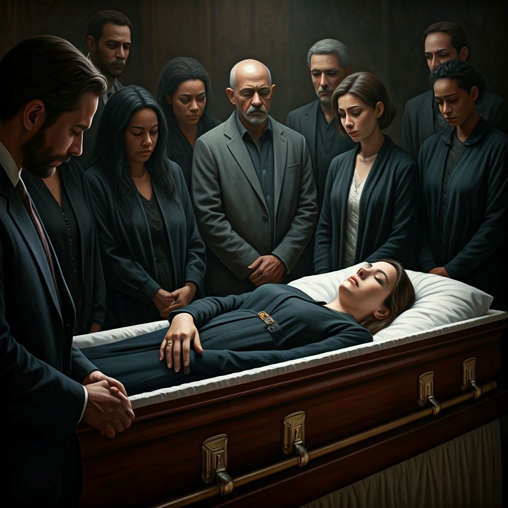 Peaceful Casket Scene with Mourning Loved Ones in Oil Painti...