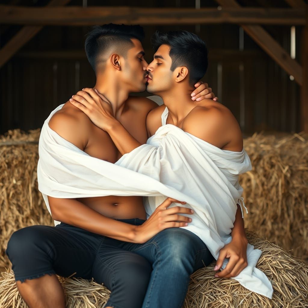Intimate Moment: Two Indian Men in Rustic Barn