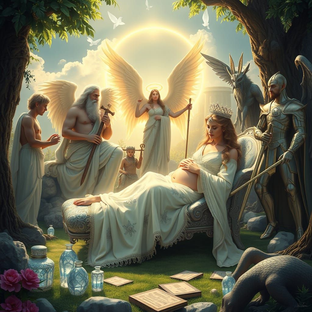Divine Goddess Births on Mount Olympus in Ethereal Garden