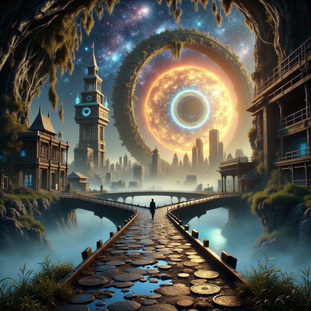 Cosmic Cyberpunk Bridge: Ancient Pathway