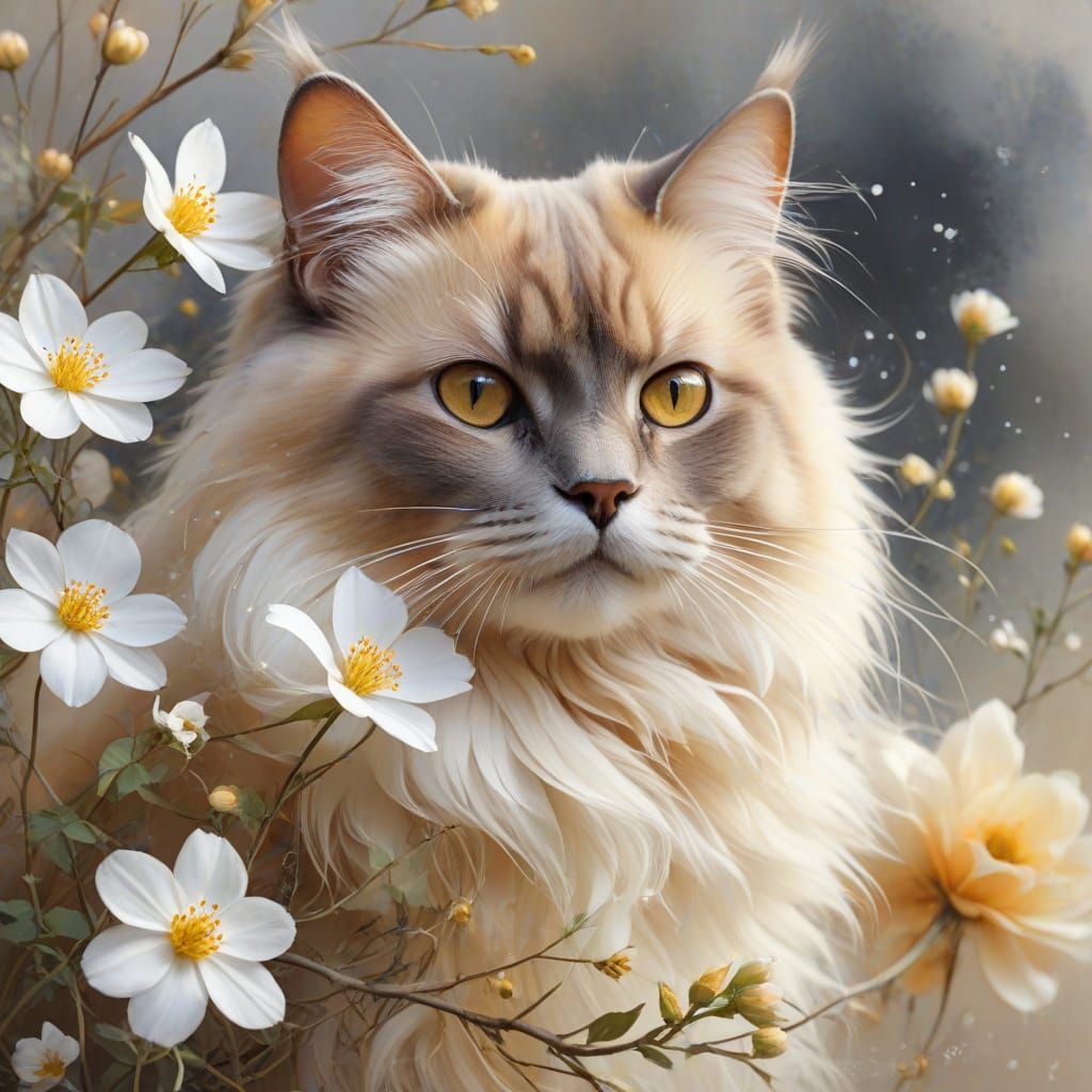 Long-Haired Burmese Cat on Flower Branch in Watercolor