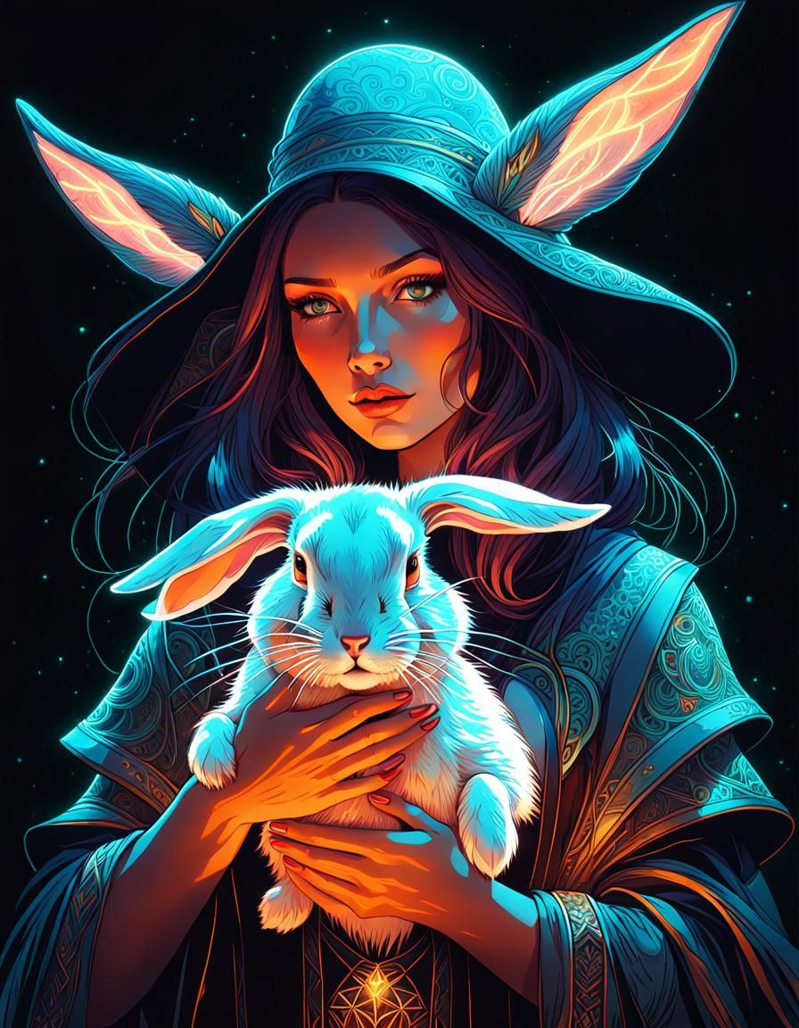 Neon Witch Portrait with Glowing Bunny