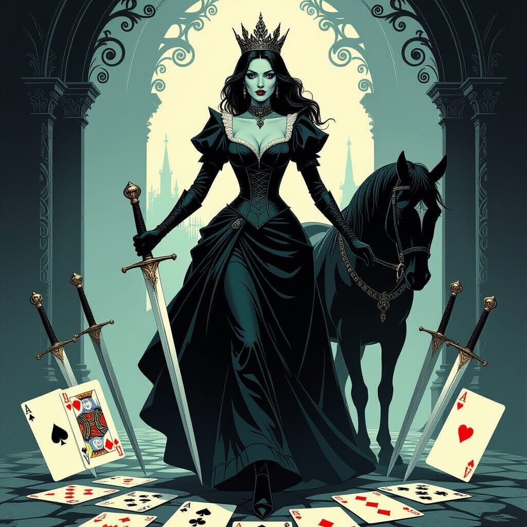 Queen of Swords Woman Stepping Over Horse in Tim Burton Styl...
