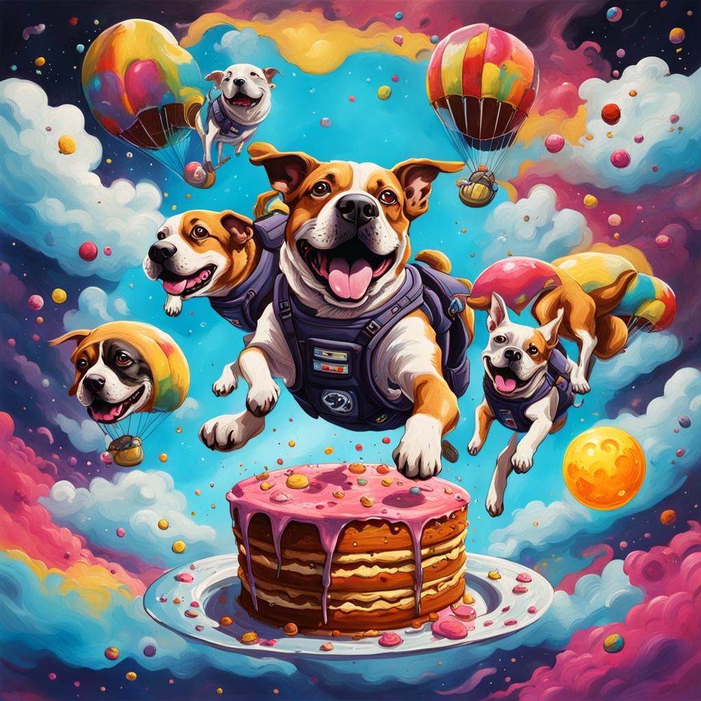 Dogs Skydiving from the Moon in Graffiti Art