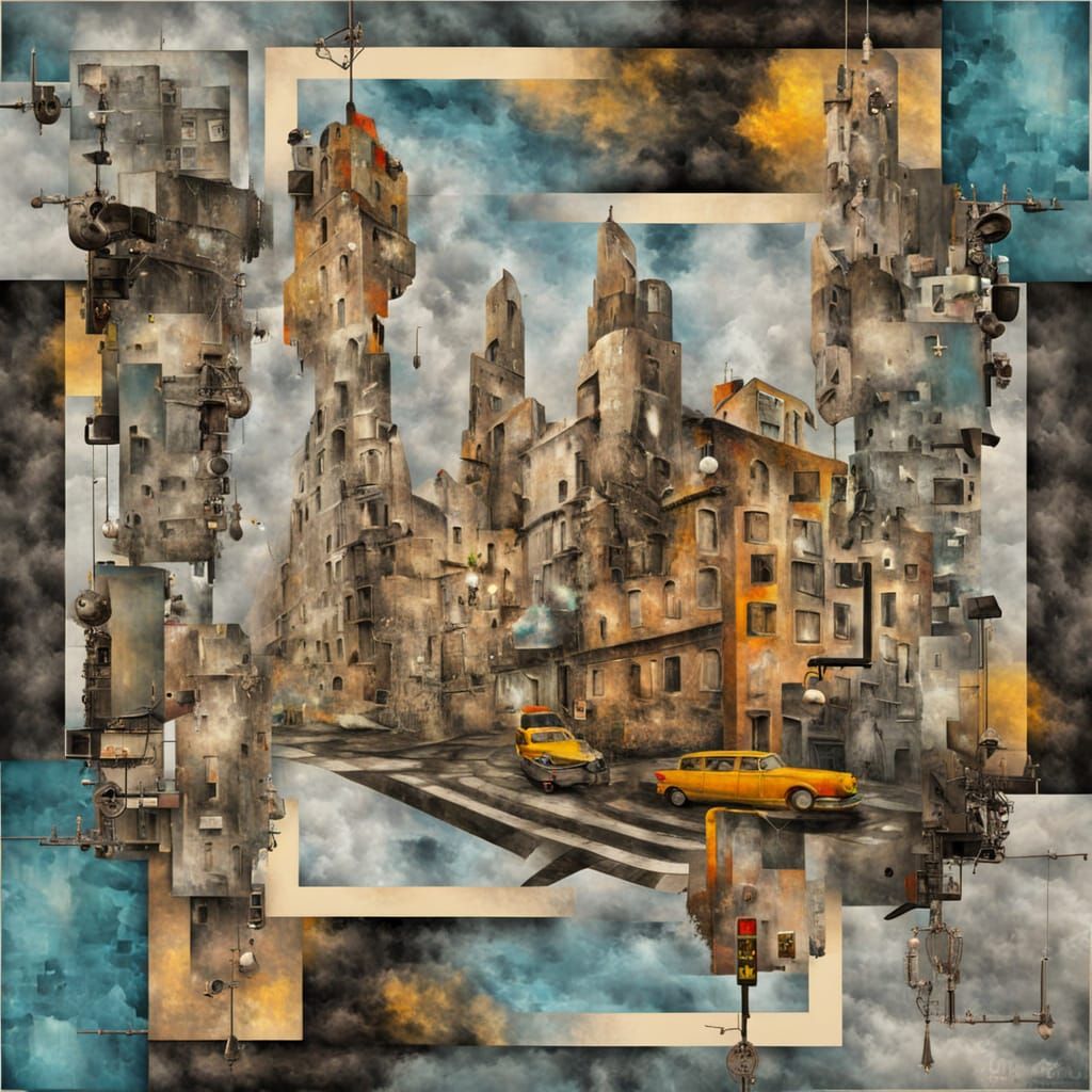 Surreal City Intersection as Neo-Cubist Collage