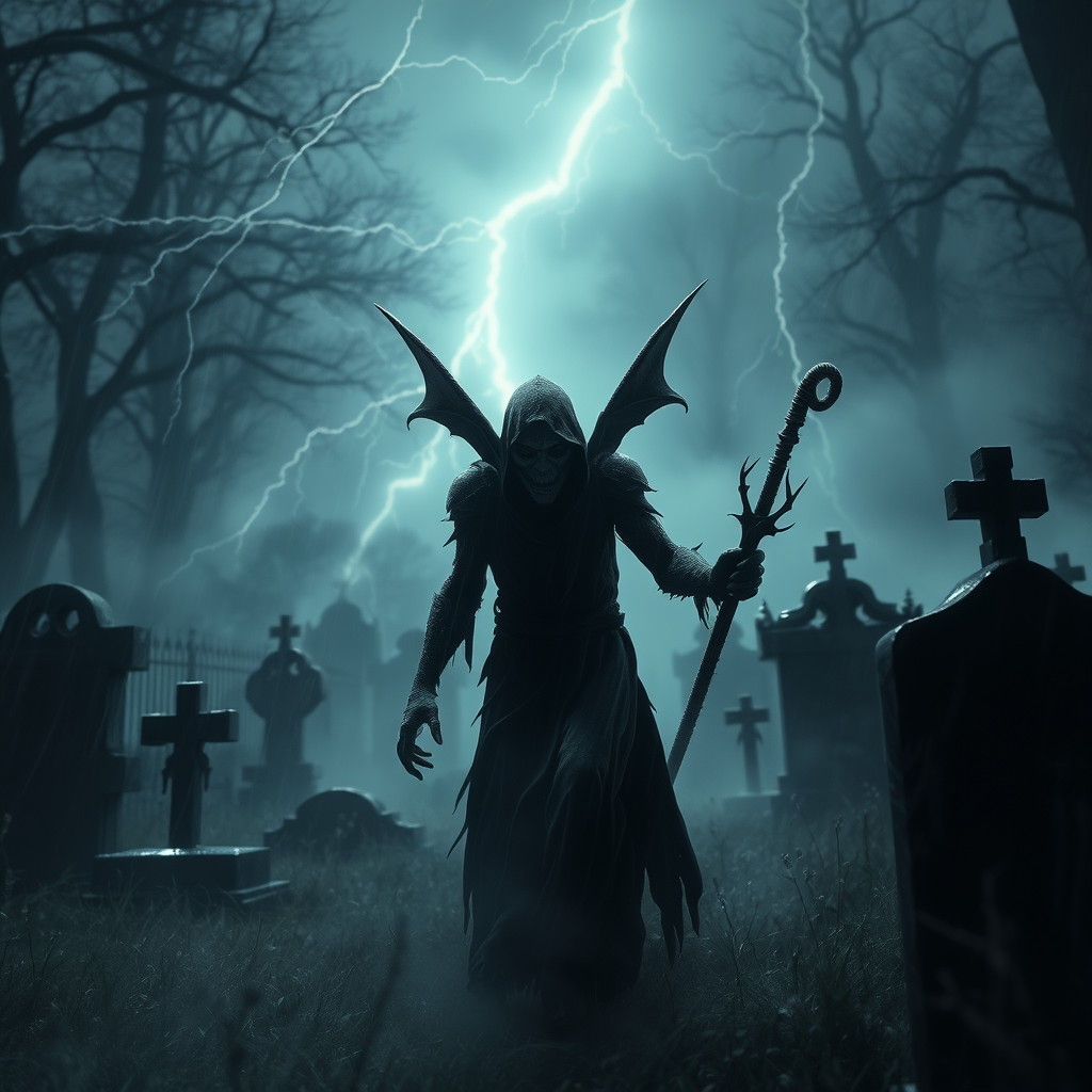 Dark Elf Haunting Cemetery in Lightning Storm