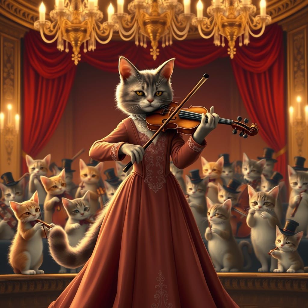 Whimsical Feline Philharmonic in Elegant Concert Hall