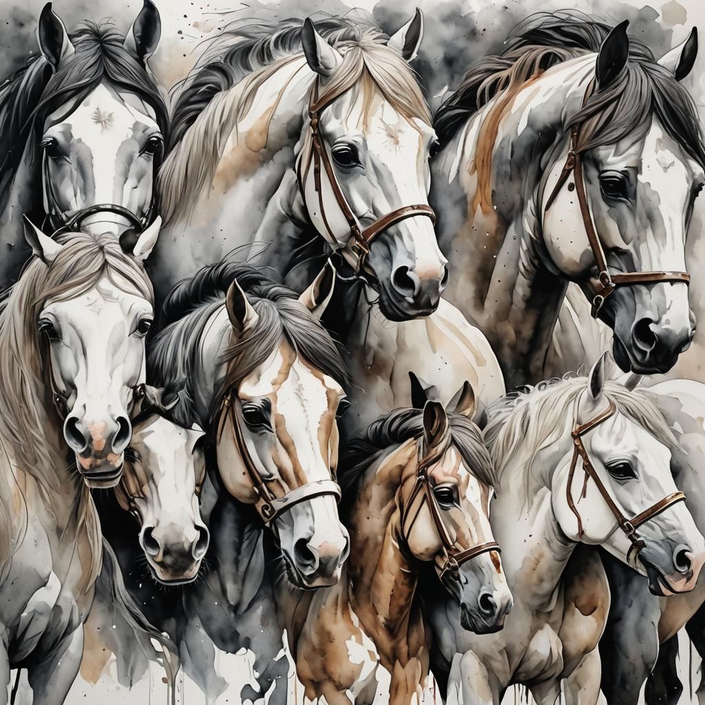Colorful Horses in Autumn Meadow: Digital Watercolor Paintin...