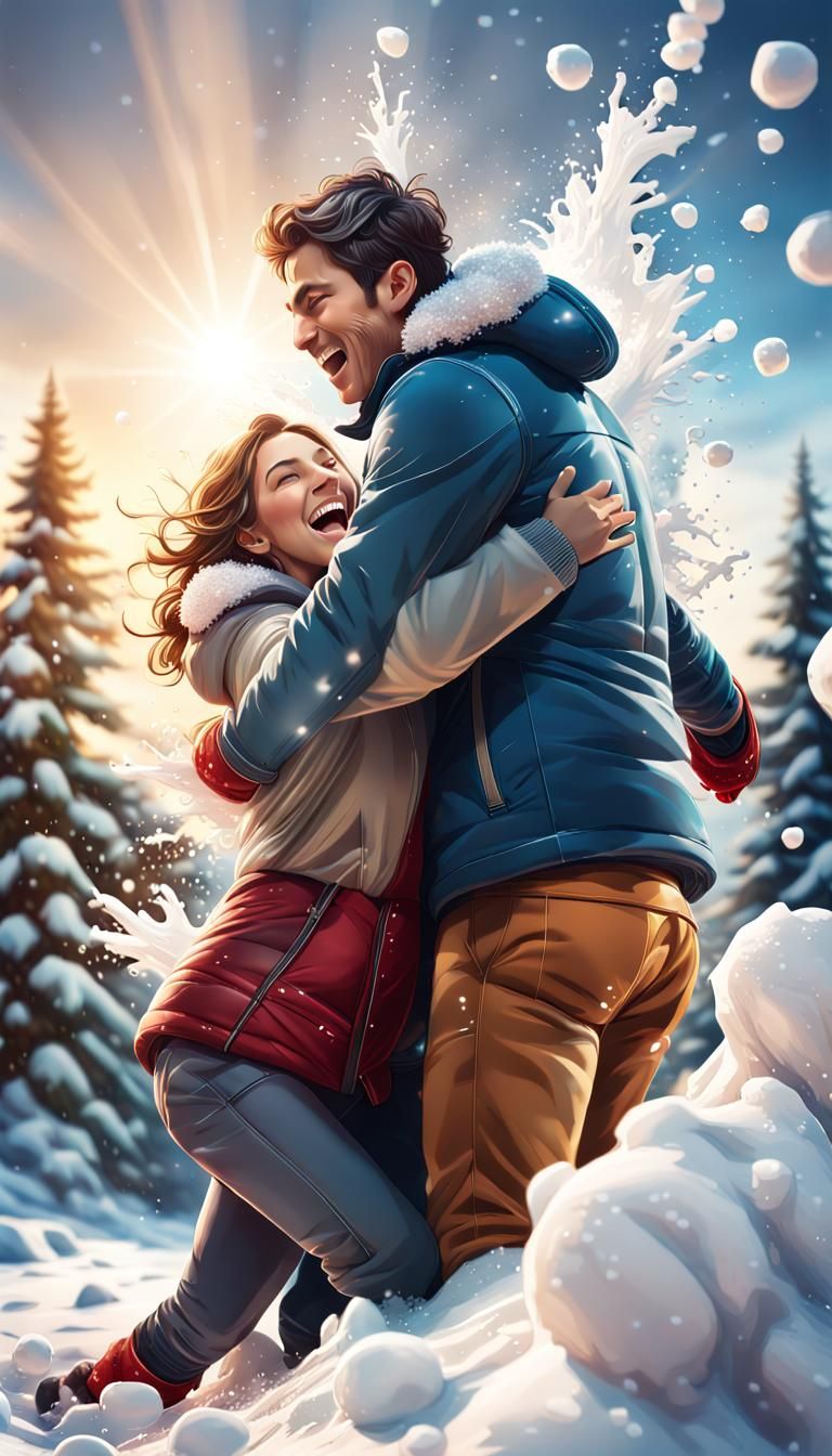 Lovers' Joyful Snowball Fight in Winter Sunlight