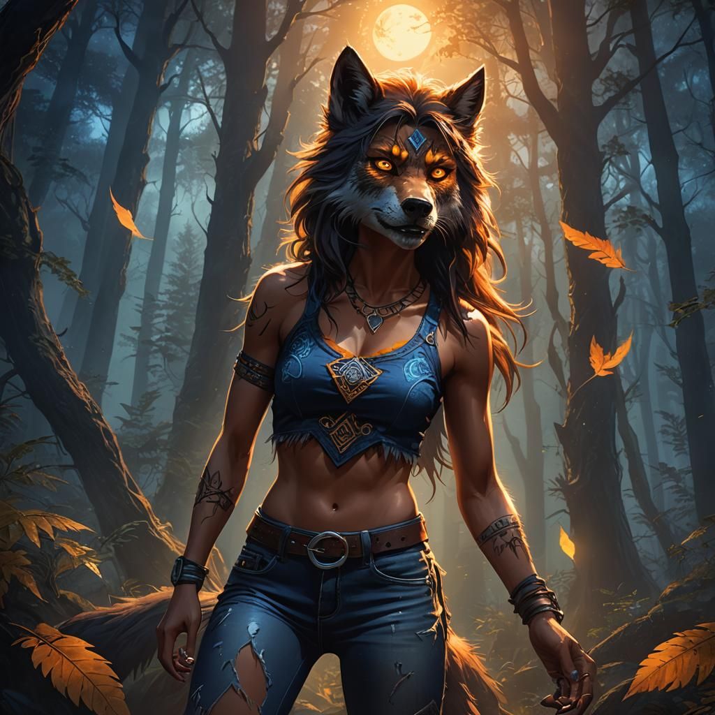 Teenage Werewolf Girl in Misty Moonlight: Digital Art