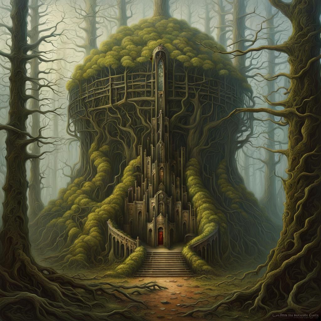 Eldritch Forest in a Biomechanical Horror Style