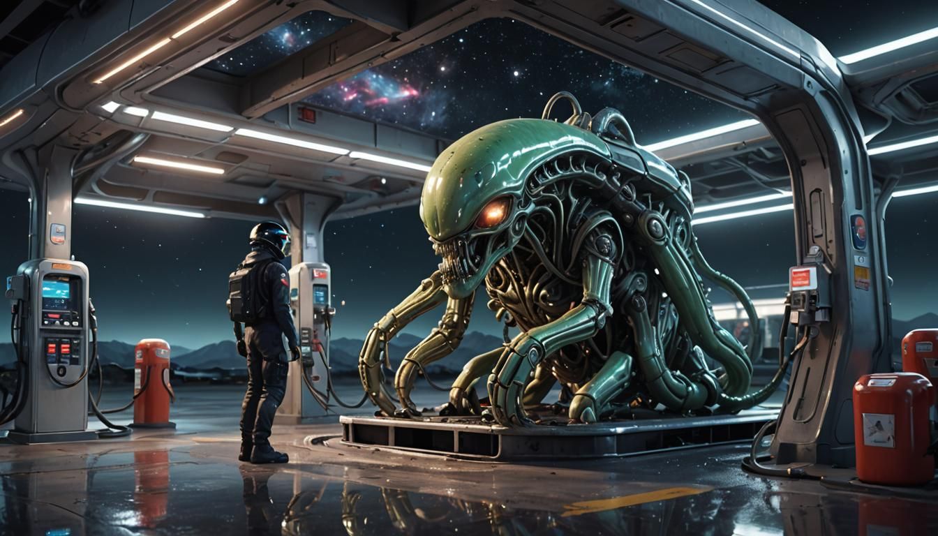Tentacled Alien Refuels Spaceship at Gas Station