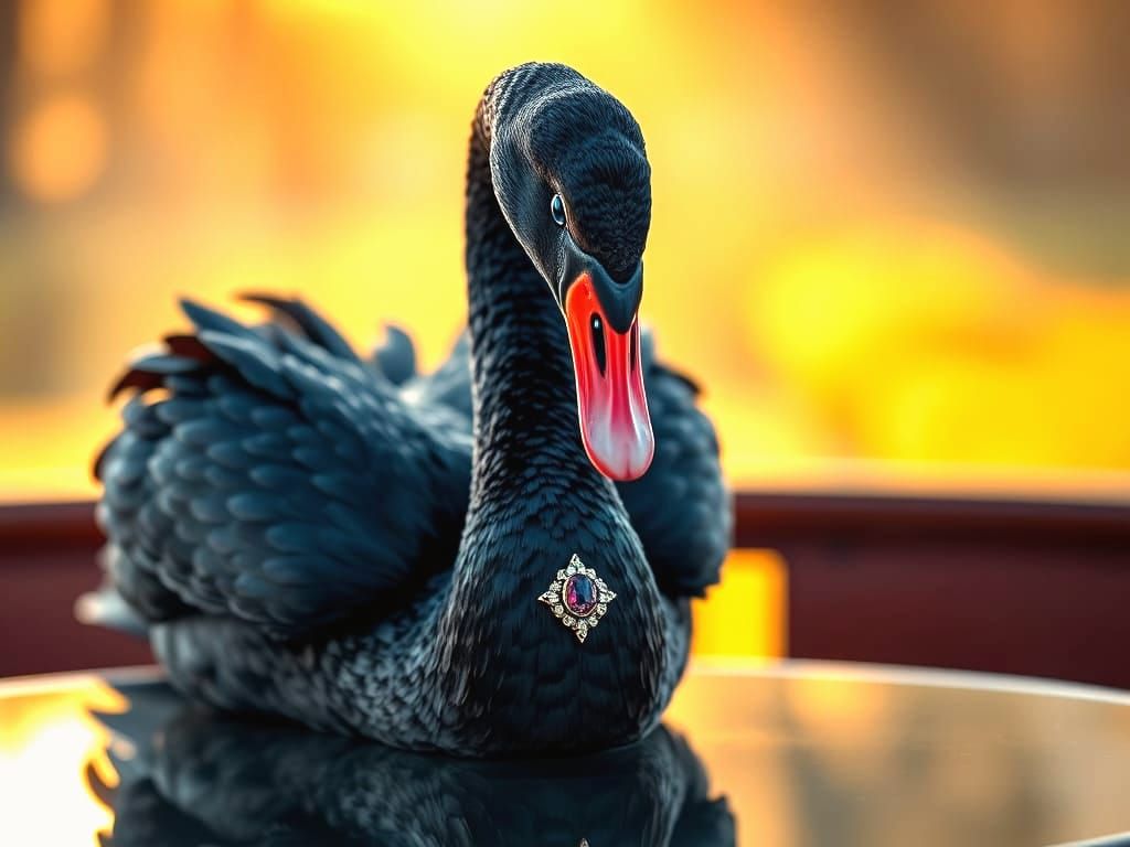 Elegant Black Swan with Ruby Necklace: Digital Art