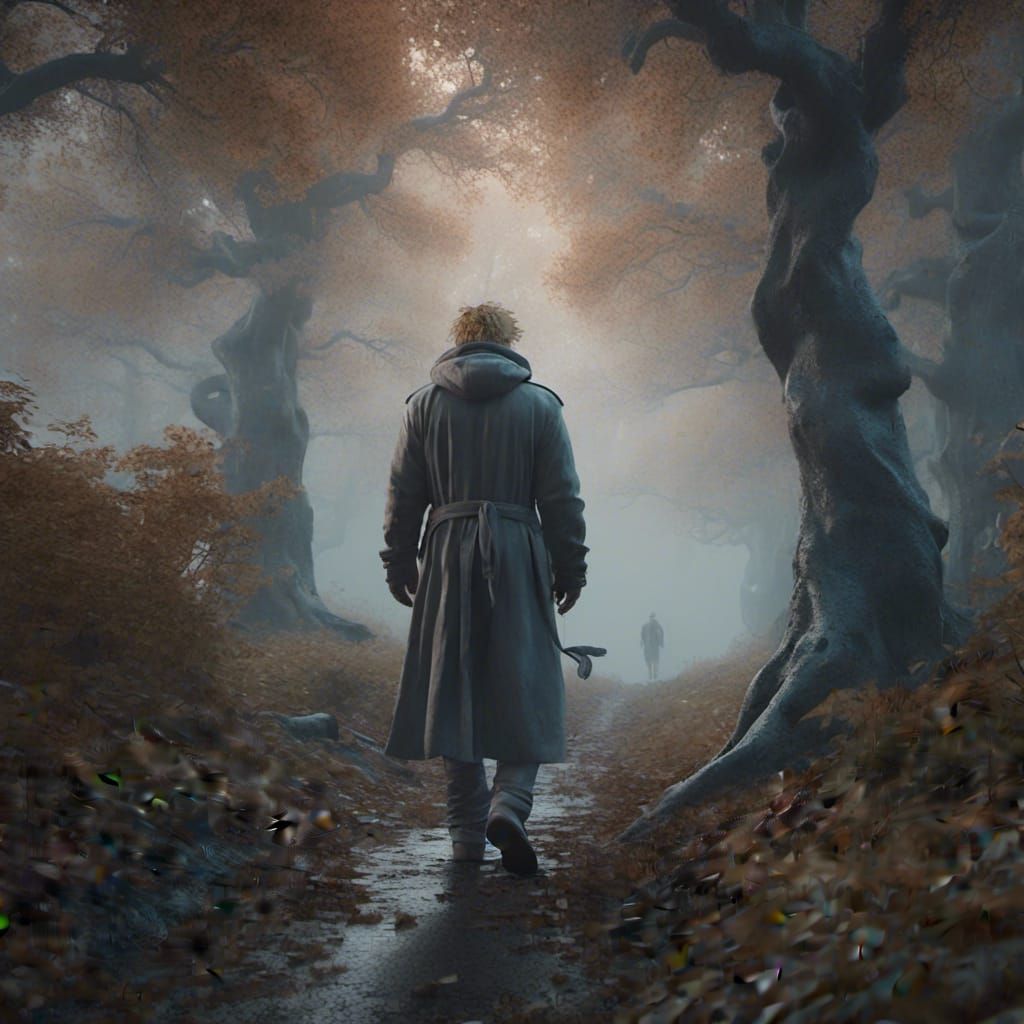 Misty Forest Walker in Art Nouveau Style