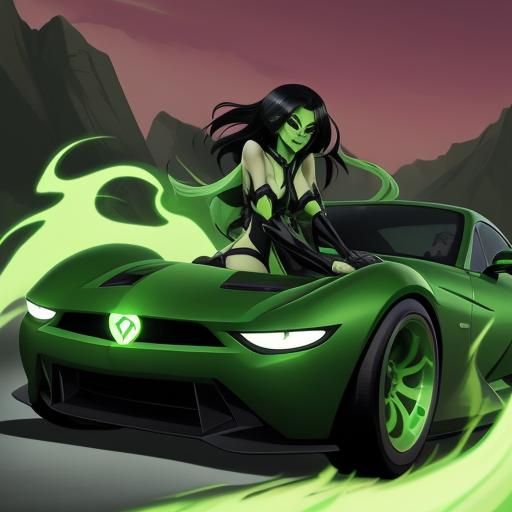 Shego Drives a Sports Car with Green Fire Wheels
