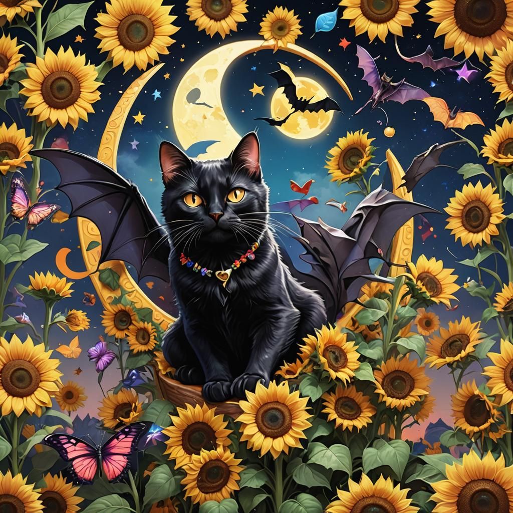 Whimsical Black Cat with Bat Wings in Candy Art