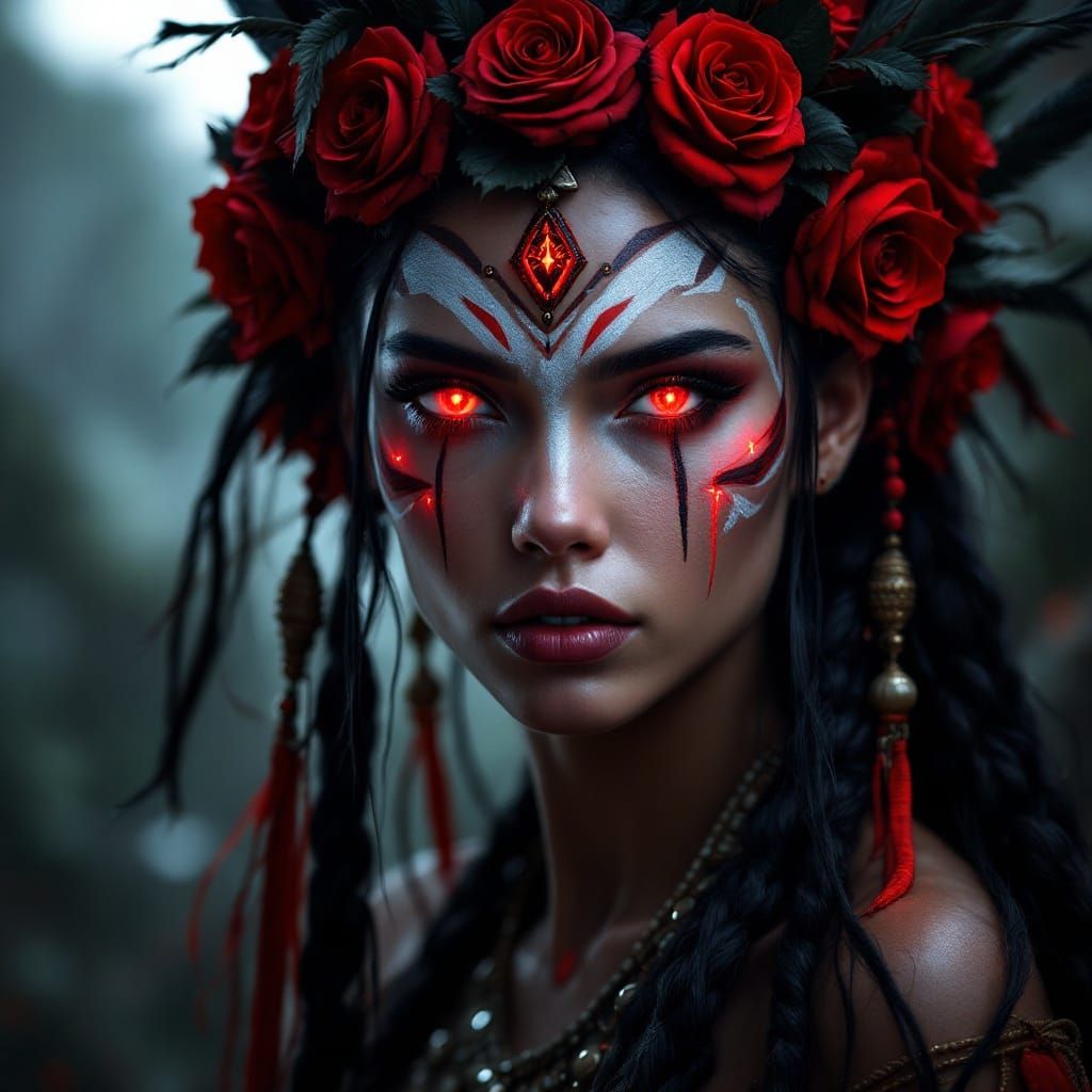 Fantastical Native Goddess with Black and Red Roses