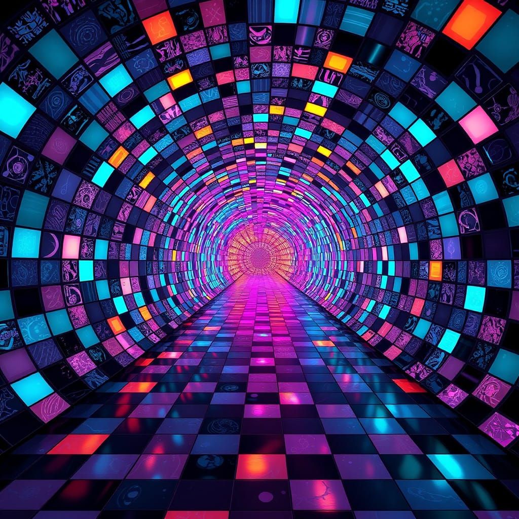 Intricate Infinity Tunnel in 3D Mosaic Style with Turquoise,...