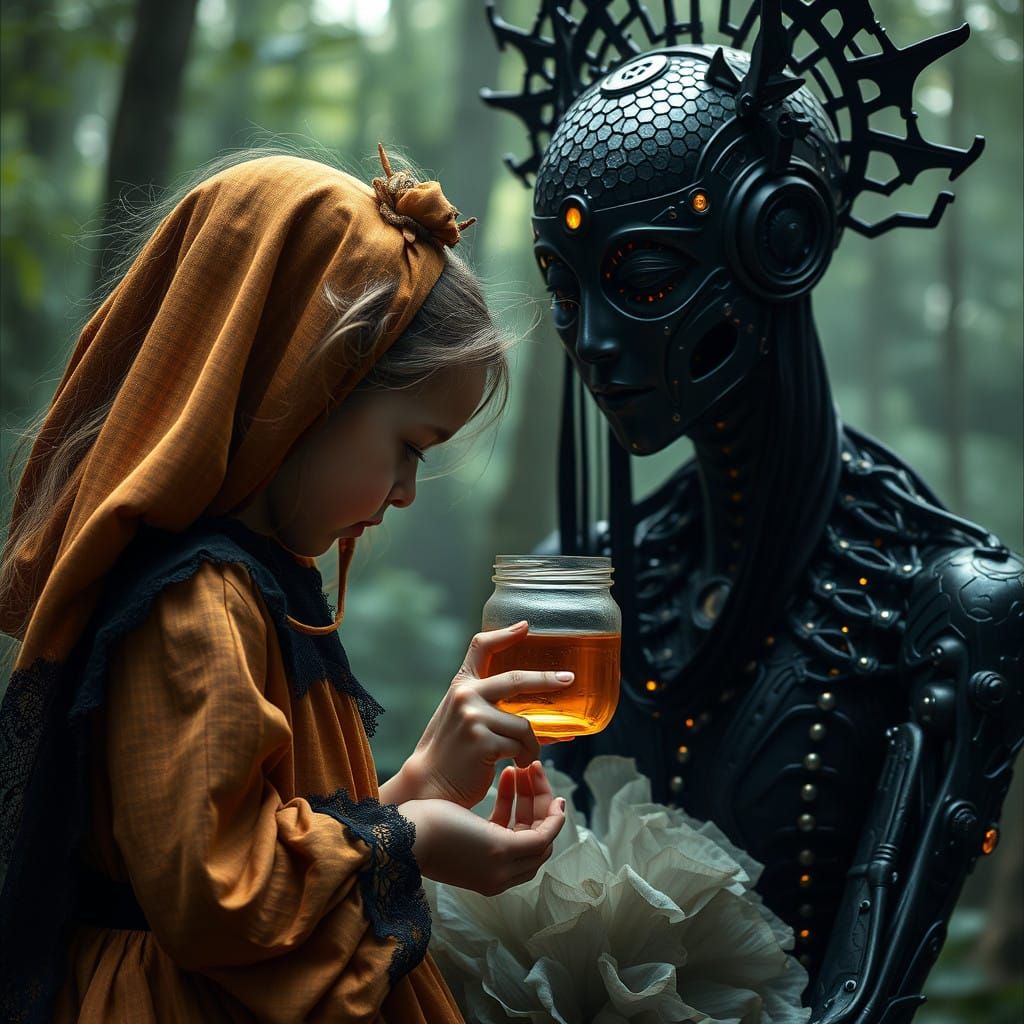 Hyperrealistic Portrait of a Cyborg Goddess in a Lush Forest