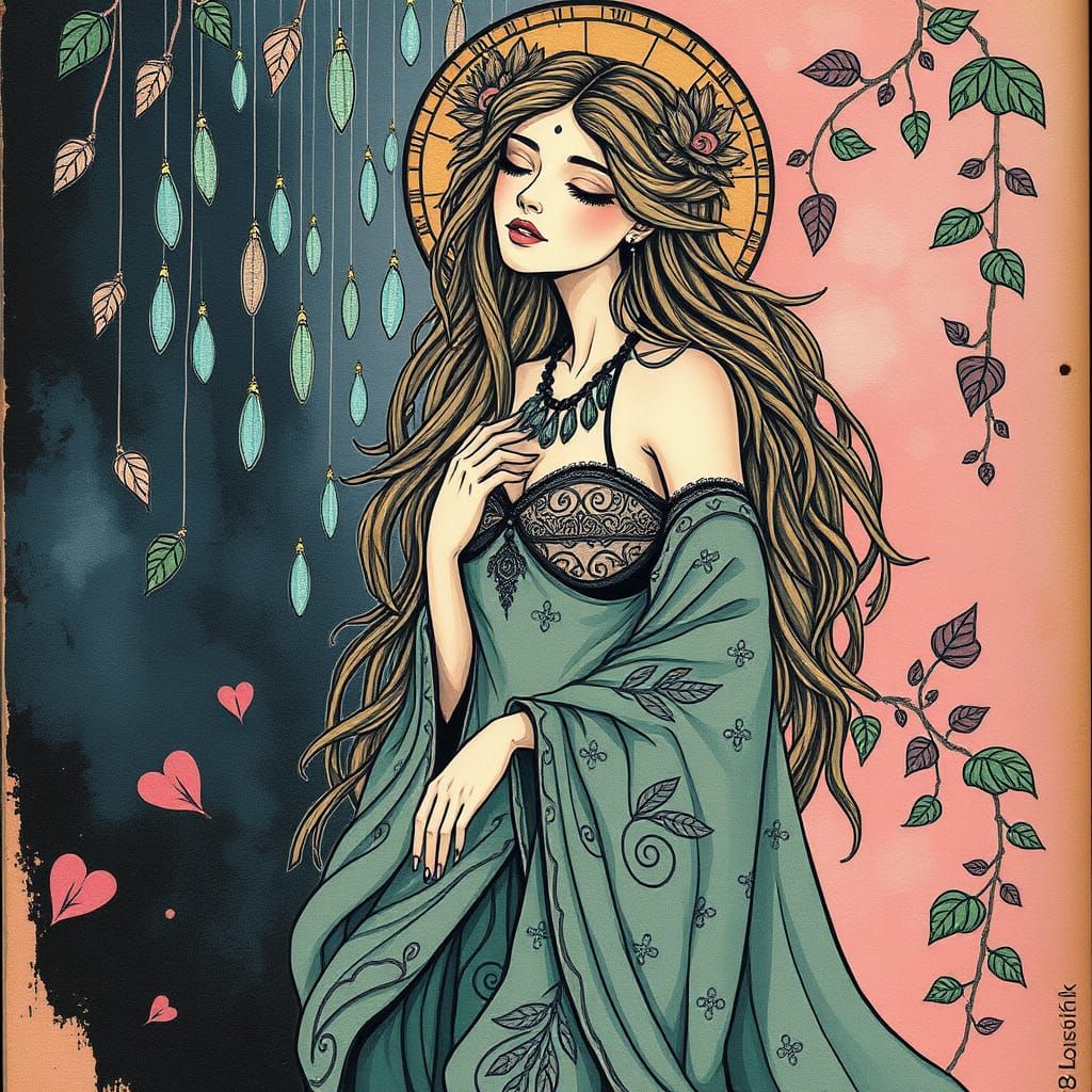 Goddess of the Rain chic clipart, woman,  mystical vibe, Blue, Pink and Beige dark blue and mahogany saturated colors, i...