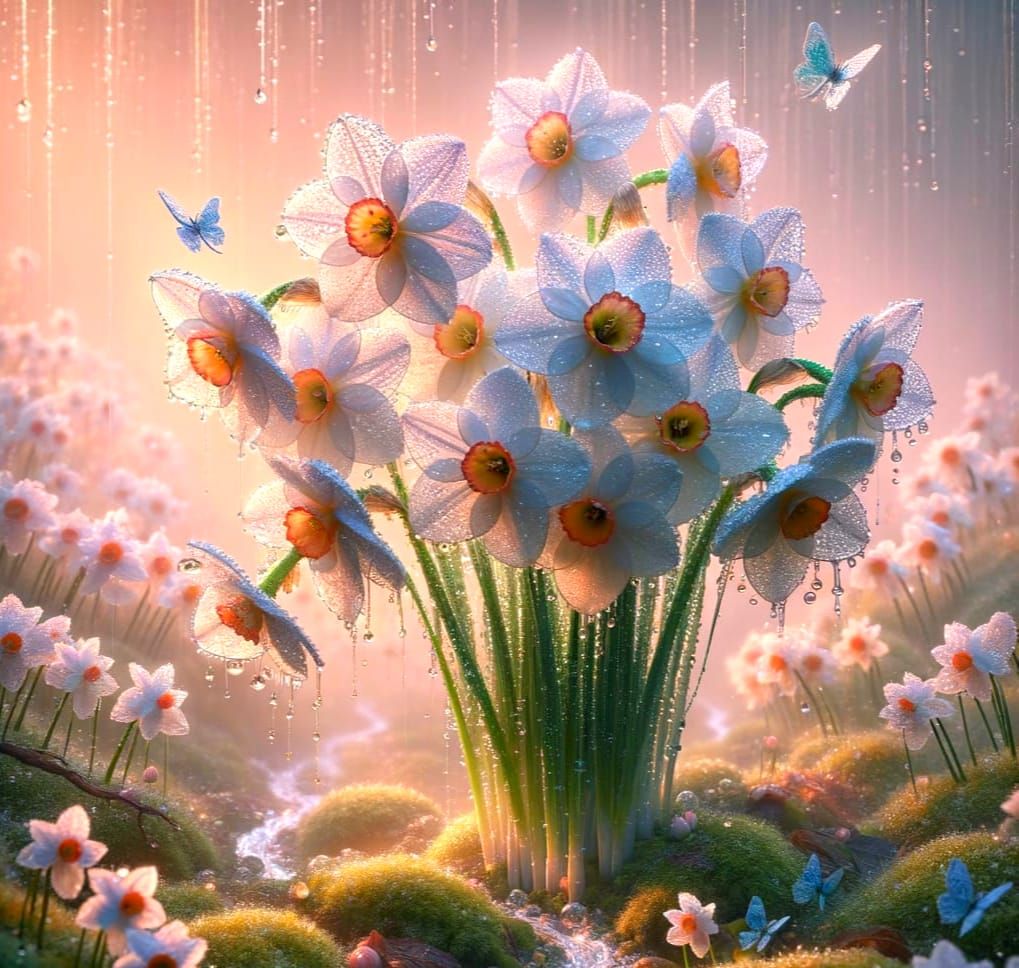 Narcissus Flowers Bloom at Misty Dawn: Watercolour Style