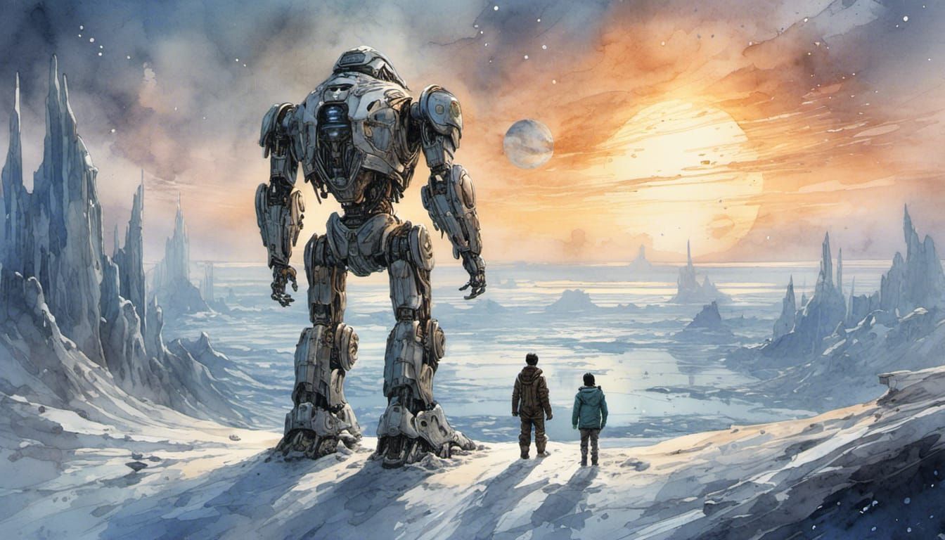 Sentient Robot Explores Titan: Watercolour Art