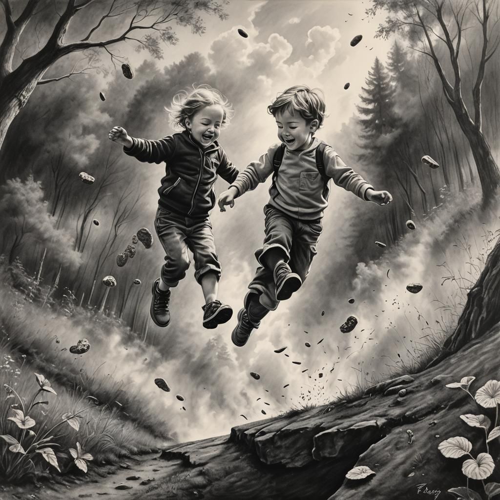 Hyperdetailed Charcoal Drawing of Floating Child