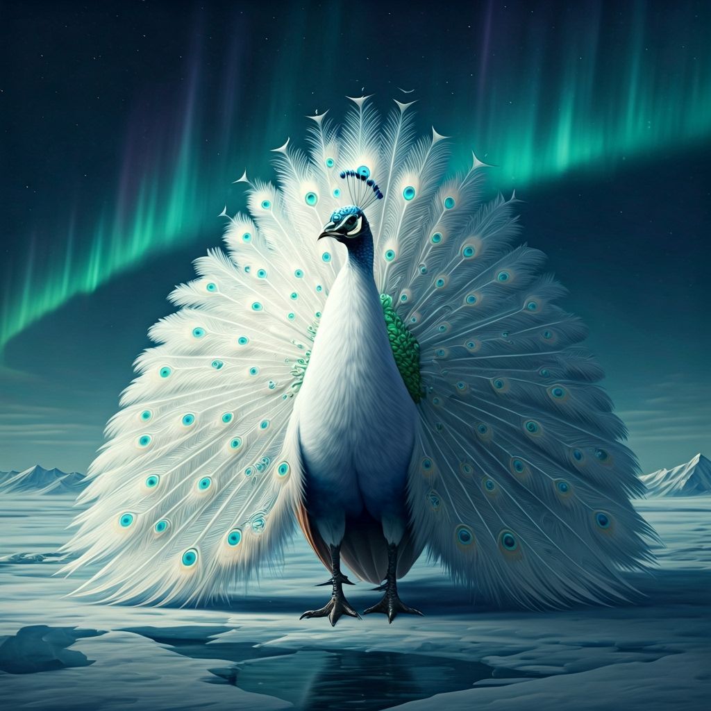 Regal Peacock Disguised as Polar Bear in Arctic Aurora